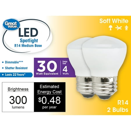 Great Value LED Light Bulb, 4 Watts (30W Equivalent) R14 Floodlight Lamp E26 Medium Base, Dimmable, Soft White, 2-Pack