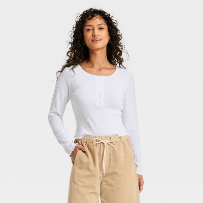 Women's Long Sleeve Pointelle Henley Shirt - Universal Thread™ White XL