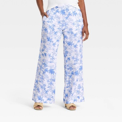 Women's Linen Wide Leg Pull-On Pants - A New Day™ Blue/White Toile XL Short