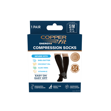 Copper Fit ENERGY Compression Socks, Silky-Soft, Hydration, Unisex, Black, S/M