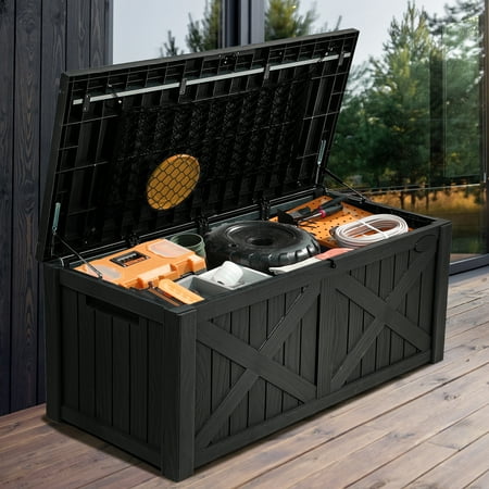 Dextrus 120 Gallon Large Deck Box , Resin Outdoor Storage Boxes, Waterproof Cushion Storage Bench for Patio, Pool Supplies, Garden Tools - Lockable, Black