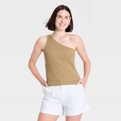 Women's One Shoulder Rib Knit Tank Top - A New Day™ Tan L