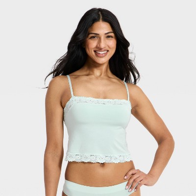Women's Cloud Knit Cami Bra Top with Lace Trim - Auden™ Light Teal Green L