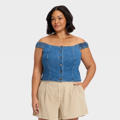 Women's Off the Shoulder Denim Top - Universal Thread™ Dark Wash 2X