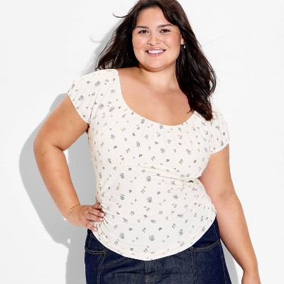 Women's Cap Sleeve Scoop Neck Emma Top - Wild Fable™ Off-White Floral 1X