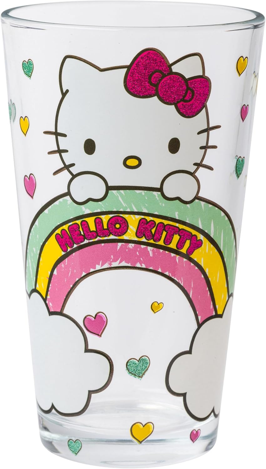 Silver Buffalo Sanrio Hello Kitty Rainbows and Clouds Glitter Pint Glass, 16 Ounces