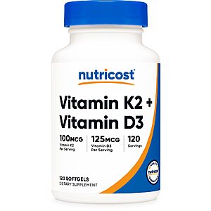 120-Ct Nutricost Vitamin 5000 IU D3 + 100mcg K2 Softgels $9 w/ S&S