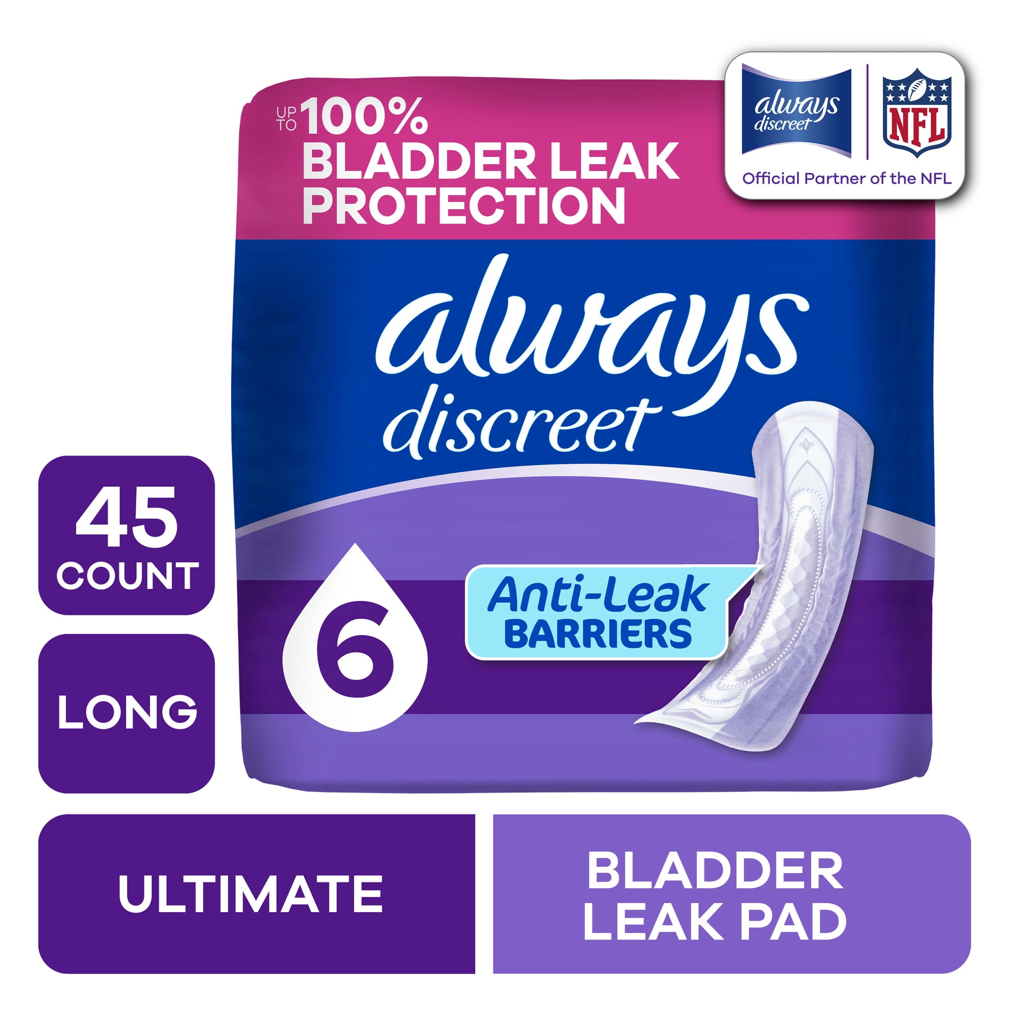 Always Discreet Adult Incontinence Pads for Women, Ultimate Absorbency, Long Length, Postpartum Pads, 45 Count