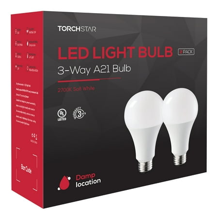 2 Pack A21 3 Way LED Bulb, 3-way Light Bulbs, E26 Base for Table Lamp, Bedside Lamp, 2700K Soft White