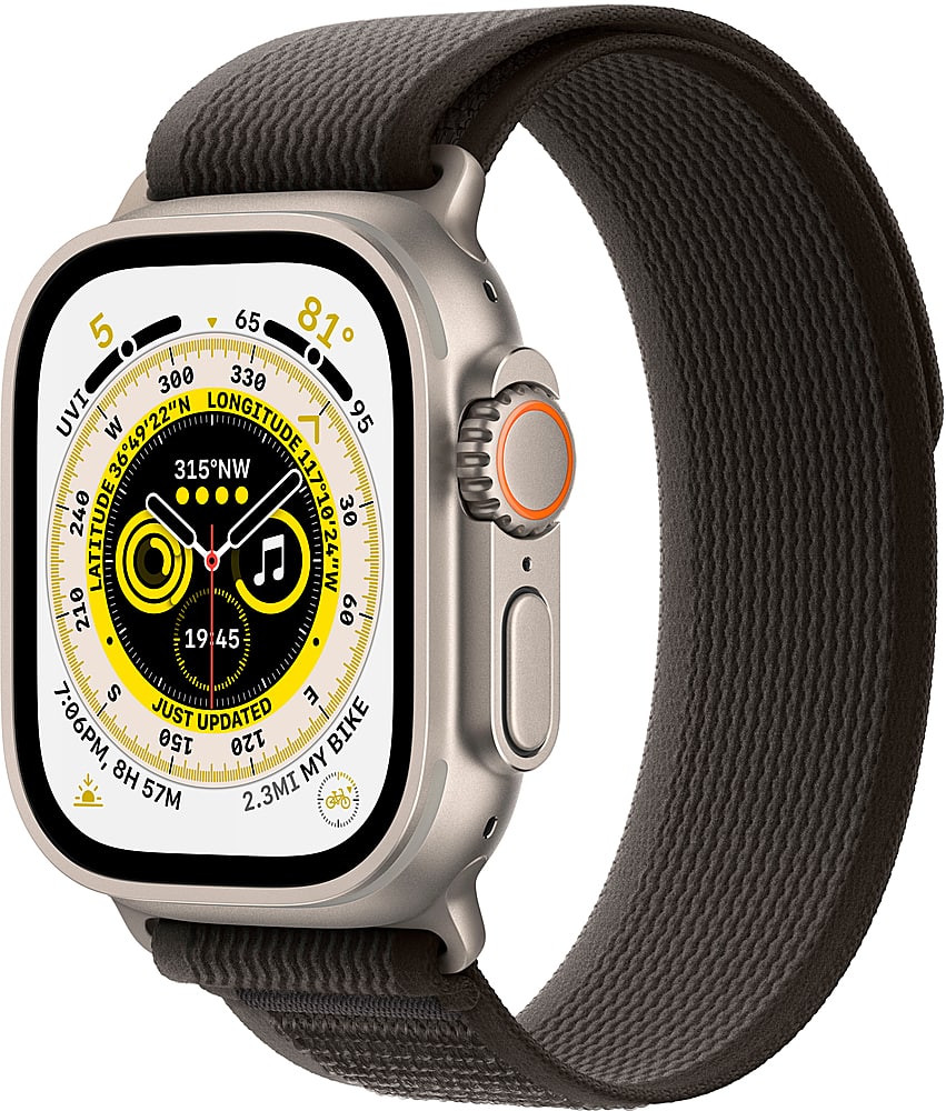 Apple Geek Squad Certified Refurbished Watch Ultra (GPS + Cellular) 49mm Titanium Case with Black/Gray Trail Loop - M/L - Silver - (2022)