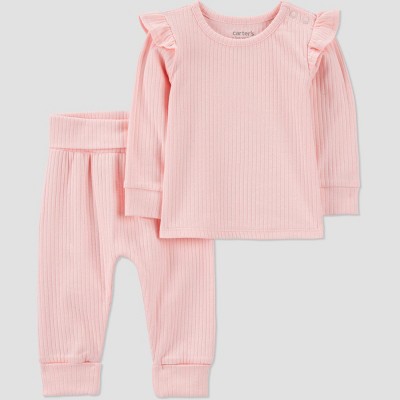 Carter's Just One You® Baby Girls' 2pc Textured Knit Top and Pants Set - Pink 24M: Cotton Elastane, Long Sleeve, Pullover