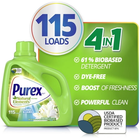 Purex Natural Elements Liquid Laundry Detergent, Linen & Lilies, 150 fl oz, 115 Loads