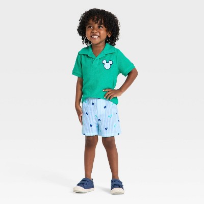 Toddler Boys' 2pc Disney Mickey Mouse Sporty Collared Shirt and Shorts Set - Green/Blue 3T