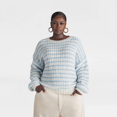 KBB by KAHLANA Women's 'The Oversized Drop Shoulder Crewneck Pullover Sweater' - Cream/Blue 1X