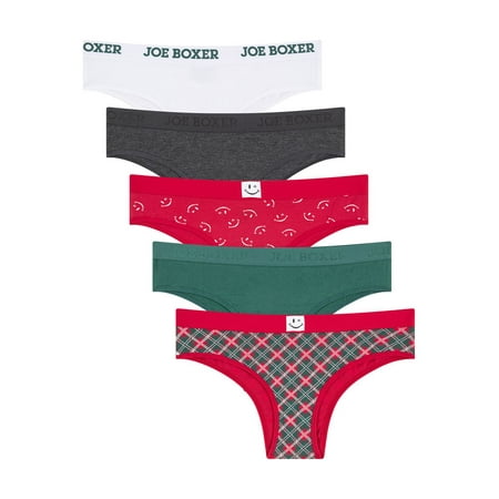 Joe Boxer Women's Cotton Holiday Giftable Cheeky Tanga Panty Set, 5-pack, Sizes XS to 3X