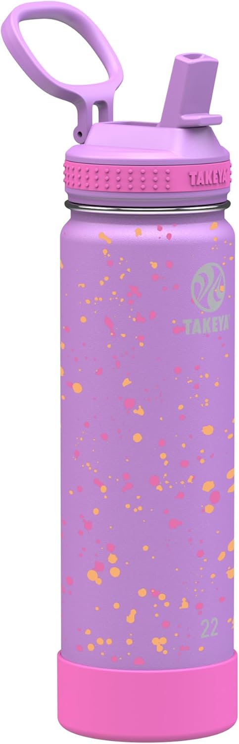 Takeya 22 oz Actives Stainless Steel Water Bottle with Straw Lid – Leakproof, Double-Wall Insulated, Keeps Drinks Cold 24 hrs/Hot 12 hrs, BPA-Free, Powder-Coated, Gym & Travel, Purple Love