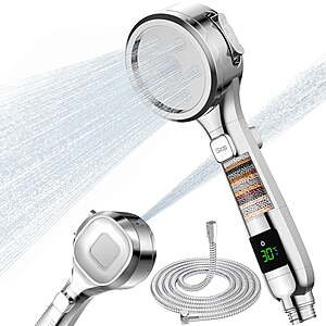 Alupssuc Handheld Showerhead w/ LED Temp. Display, Filter (Silver) $11