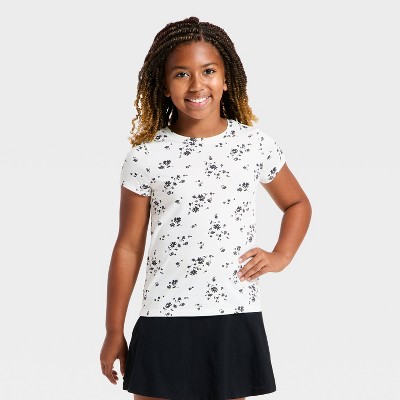 Girls' Short Sleeve Jersey Floral T-Shirt - Cat & Jack™ Cream/Black XXL Plus