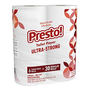 Select Prime Accounts: 6-Pk Presto! Ultra-Strong Mega Rolls Toilet Paper $2.60 w/ S&S + Free S&H