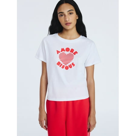 Free Assembly Women's and Women’s Plus Cotton Cropped Boxy Heart Tee with Short Sleeves, Sizes XS-4X