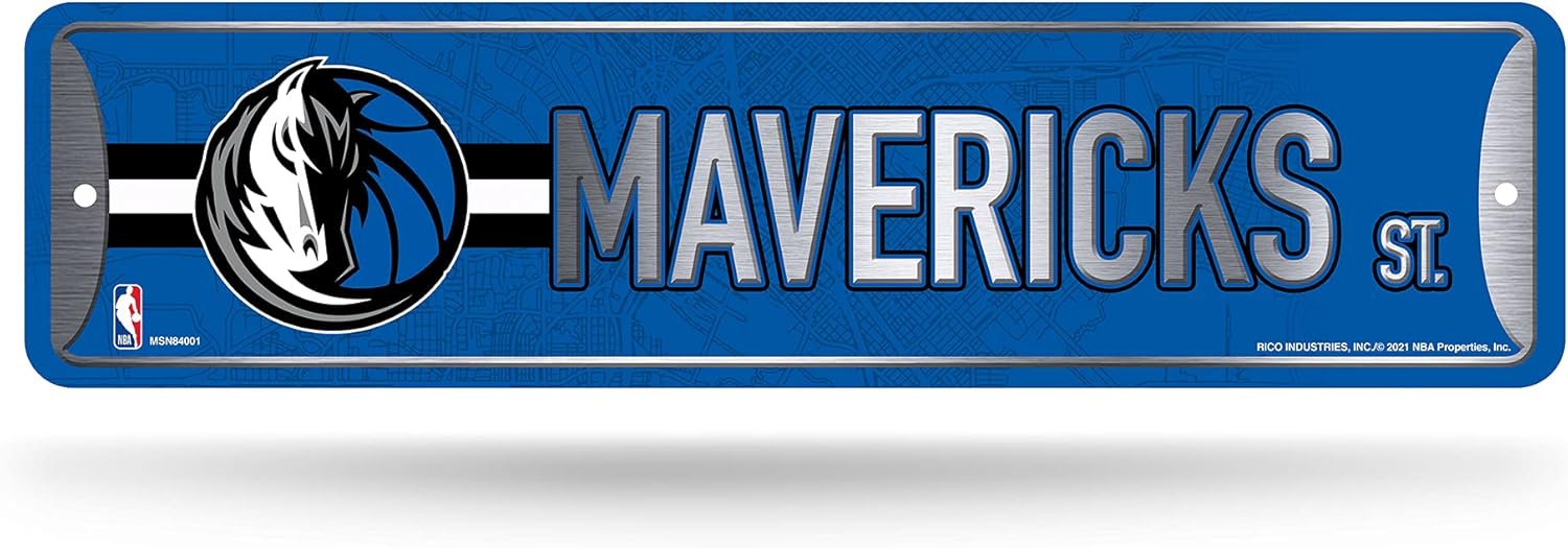 Rico Industries NBA Dallas Mavericks Home Décor Metal Street Sign (4" x 15") - Great for Home, Office, Bedroom, & Man Cave - Made,Silver