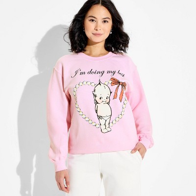 Women's Crewneck Doing My Best Kewpie Fleece Graphic Pullover Sweatshirt - Light Pink S