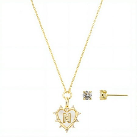 Believe by Brilliance Women's 14Kt Gold Flash Plated Mother of Pearl and Cubic Zirconia Heart "N" Necklace and Earring Set