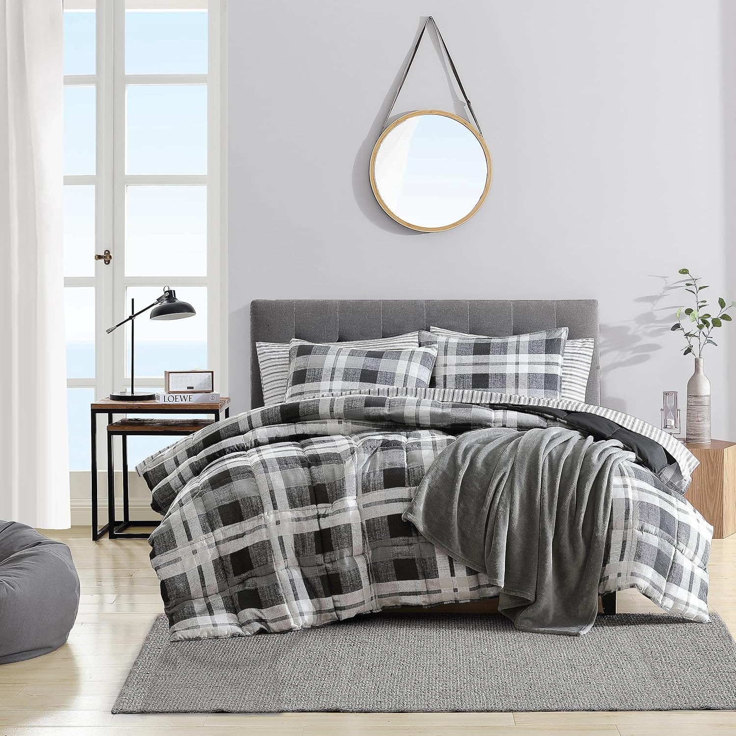 Nautica - King Comforter Set, Reversible Bedding with Matching Shams, Microsuede with Sherpa Reverse, Oek-Tex Certified (Crossview Plaid Charcoal)