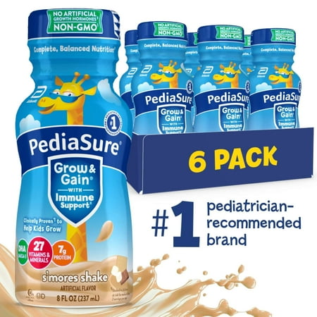 PediaSure Grow & Gain with Immune Support, 7g Protein, S'mores, 8-fl-oz Bottle, Pack of 6