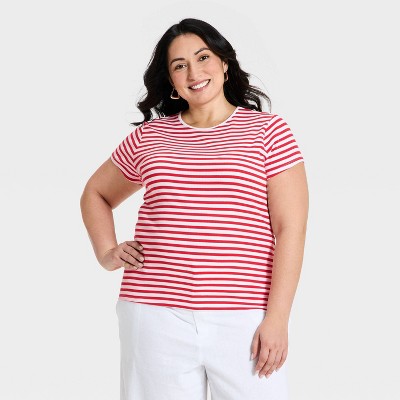 Women's Short Sleeve Ribbed T-Shirt - A New Day™ Red/White Striped 1X
