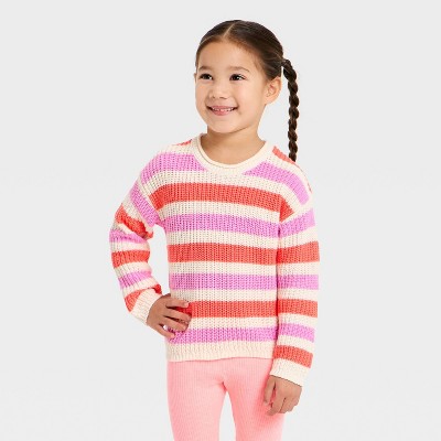 Toddler Girls' Striped Crewneck Pullover Sweater - Cat & Jack™ Coral Pink 5T