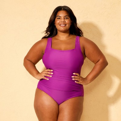 Women's Shirred Tummy Control Square Neck Full Coverage One Piece Swimsuit - Shade & Shore™ Purple 17