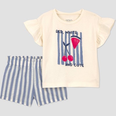 Carter's Just One You® Baby Girls' 2pc Striped Fruit Graphic 4th of July T-Shirt and Shorts Set - Blue/Ivory/Red 3M