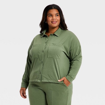 Women's Lightweight Fleece Collared Button-Down Shirt - Universal Thread™ Olive Green XXL