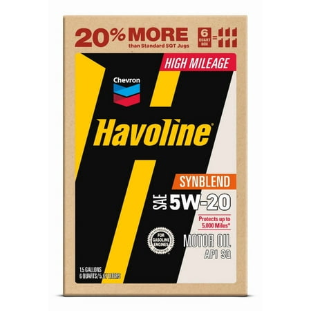 Chevron Havoline High Mileage Synthetic Technology Motor Oil 5W-20, 6 Quart Smart Change Box