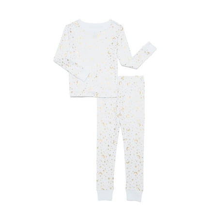 Wonder Nation Girl LS Cotton Long Sleeve Top & Pant Tight Fit 2-Piece Sleep Set, Sizes 4 to 10