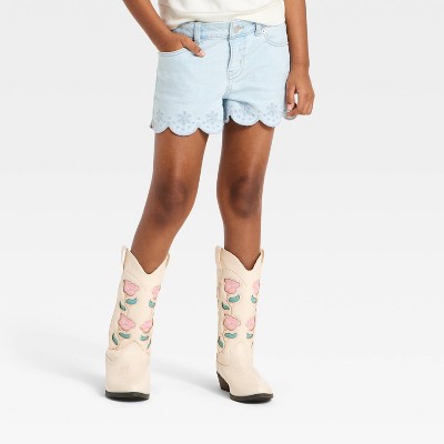 Girls' Mid-Rise Scallop-Hem Embroidered Jean Shorts - Cat & Jack™ Light Wash L