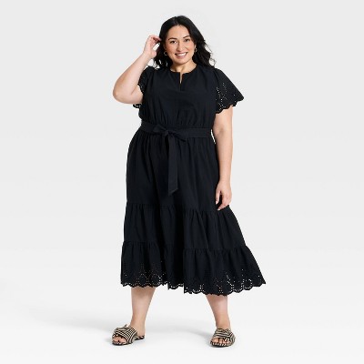 Women's Short Flutter Sleeve V-Neck Front Tiered Eyelet Midi Dress - Ava & Viv™ Black 4X: Cottagecore