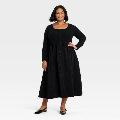 Women's Plus Long Sleeve Button-Front Midi Dress - Ava & Viv™ Black 1X