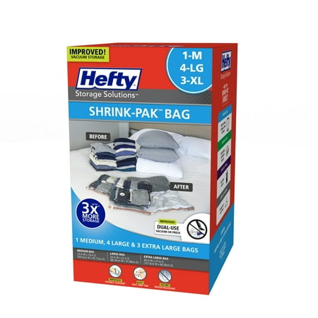 Hefty Shrink-Pak 1 Medium, 4 Large, 3 Extra-Large Vacuum Compression Storage Bags with Hand Pump, Closet Organizer, Adults and Tweens
