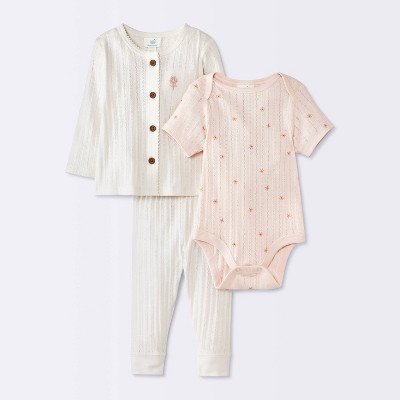 Baby Girls' 3pc Floral Top and Pants Set - Cloud Island™ Cream/Pink 18M