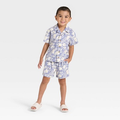 Grayson Mini Toddler Boys' Button Down Short Sleeve Shirt and Shorts Set - Blue 18M