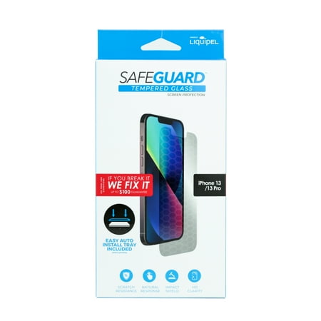 Liquipel Safeguard Tempered Glass Screen Protector for iPhone 14, iPhone 14 Pro, iPhone 13, and iPhone 13 Pro comes with Application Tray and Screen Repair Guarantee