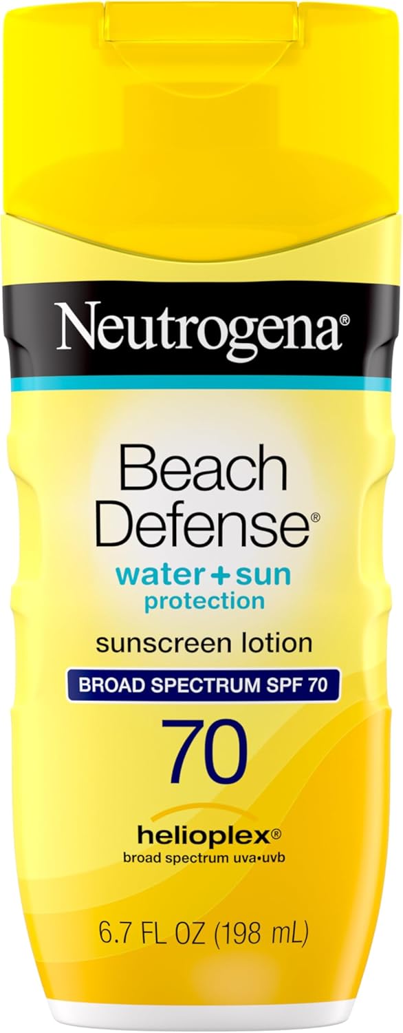Neutrogena Sunscreen Lotion Beach Defense SPF 70, Face & Body Sunscreen, Broad Spectrum, Fast Absorbing, 6.7 Fl Oz, Water Resistant 80 Min, Oil-Free, Oxybenzone & Octinoxate Free