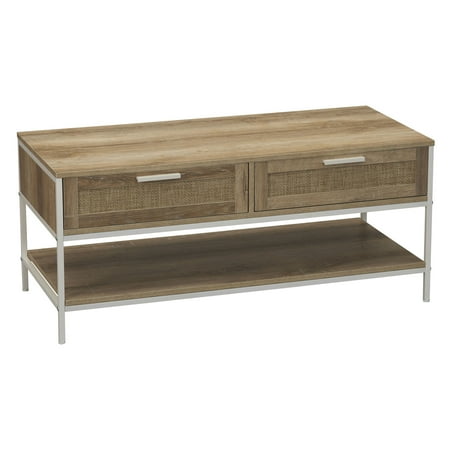 Household Essentials Bungalow Rectangular Coffee Table with Storage Shelf and 2 Drawers Coastal Oak Rustic Wood Grain Woven Front and White Metal