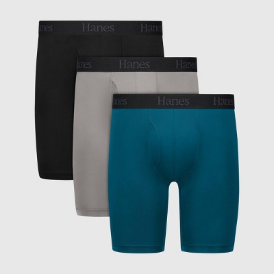 Hanes Originals Premium Men's Super Stretch Long Leg Boxer Briefs 3pk - Teal Blue/Gray/Black S: Lightweight, Tagless, Moisture Wicking
