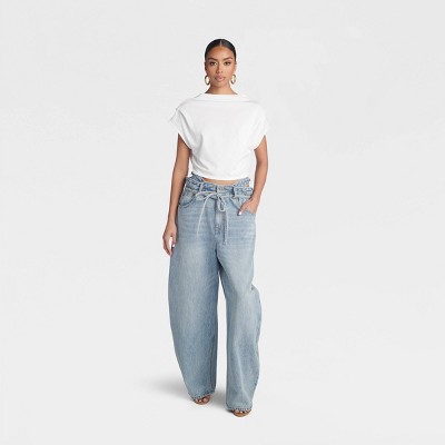 KBB by KAHLANA Women's High Waisted 'The Cut Out Paper Bag Jeans' - Light Wash 12