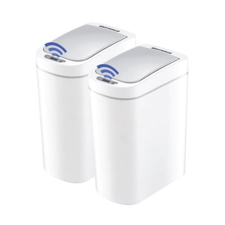Nine Stars Automatic Bathroom Trash Can, 1.85 Gallon Plastic, Motion Sensor Garbage Bin with Soft Close Lid, White, 2 Pack
