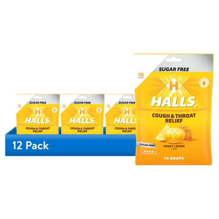 (12 pack) HALLS Cough and Throat Relief Honey Lemon Sugar Free Cough Drops, No Synthetic Dyes, FSA/HSA Eligible, Value Pack, 70 Drops