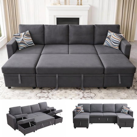 AENKYO 102" U-Shaped Sectional Sofa Bed, Linen Pull Out Sleeper Couch with Storage Seats for Living Room，Dark Gray